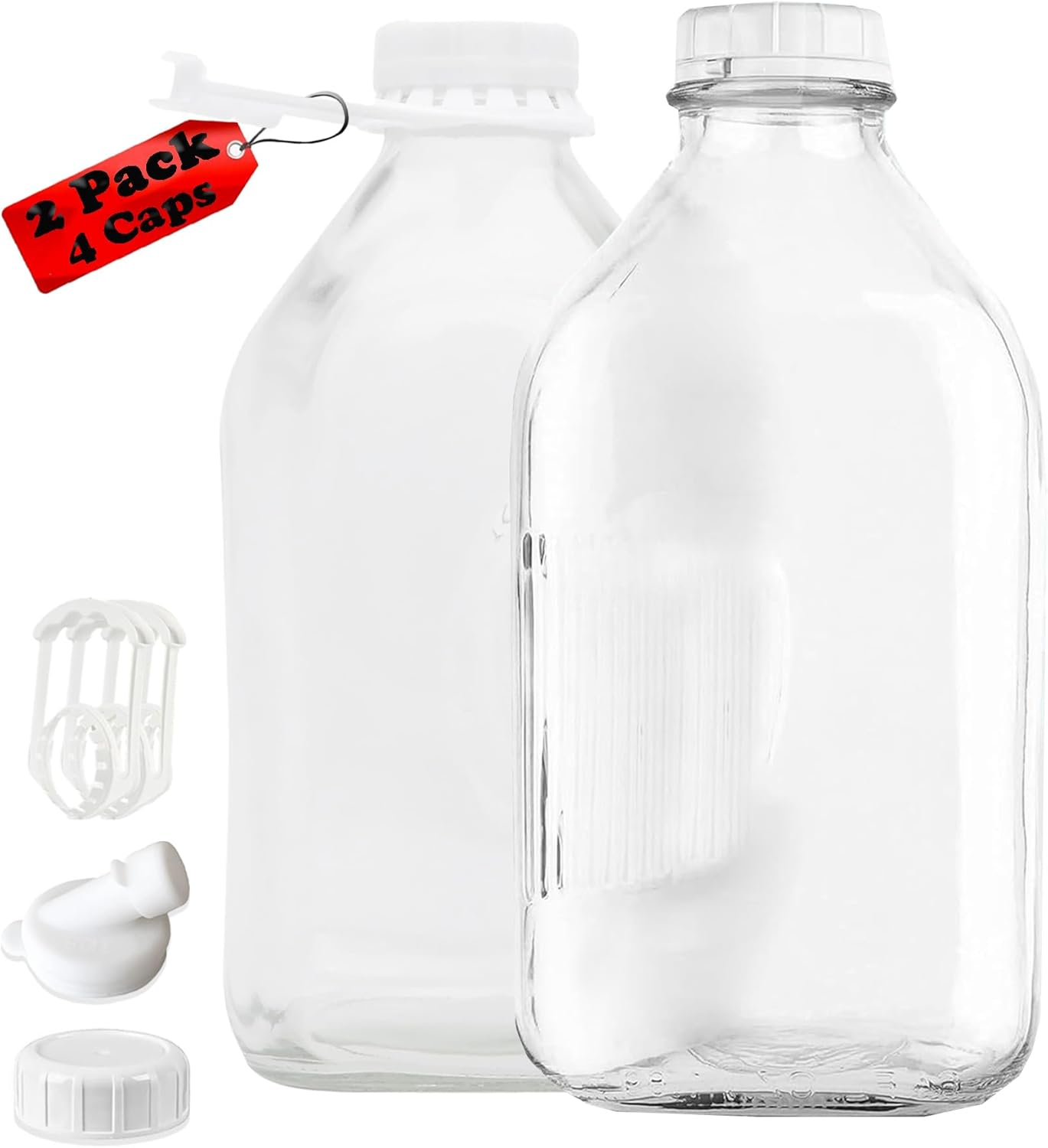 64Oz/2L Glass Milk Bottle with Dispenser Cap, 2 Pack Glass Juice Bottles - 2 Airtight Screw Lid & 2 Silicone Sealing Gaskets & 2 Carry Handles, Jug Pitcher, Water, Syrup, Honey, Buttermilk (64Oz) image number 1