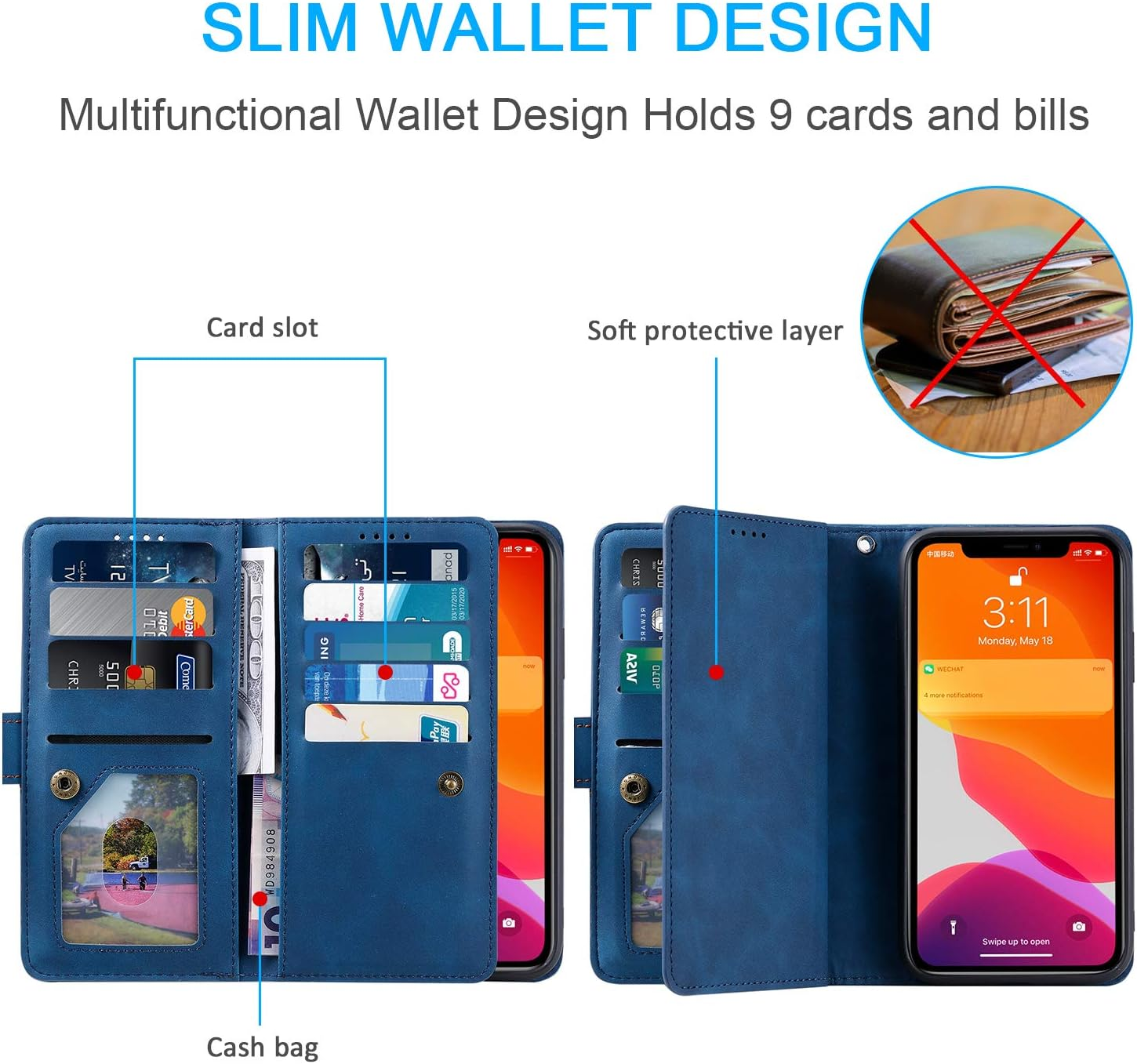 UEEBAI Wallet Case for Iphone 13, Retro 9 Card Holder Slots Zipper Pocket Handbag Case PU Leather Magnetic Closure Kickstand with Wrist Strap TPU Shockproof Flip Case - Blue