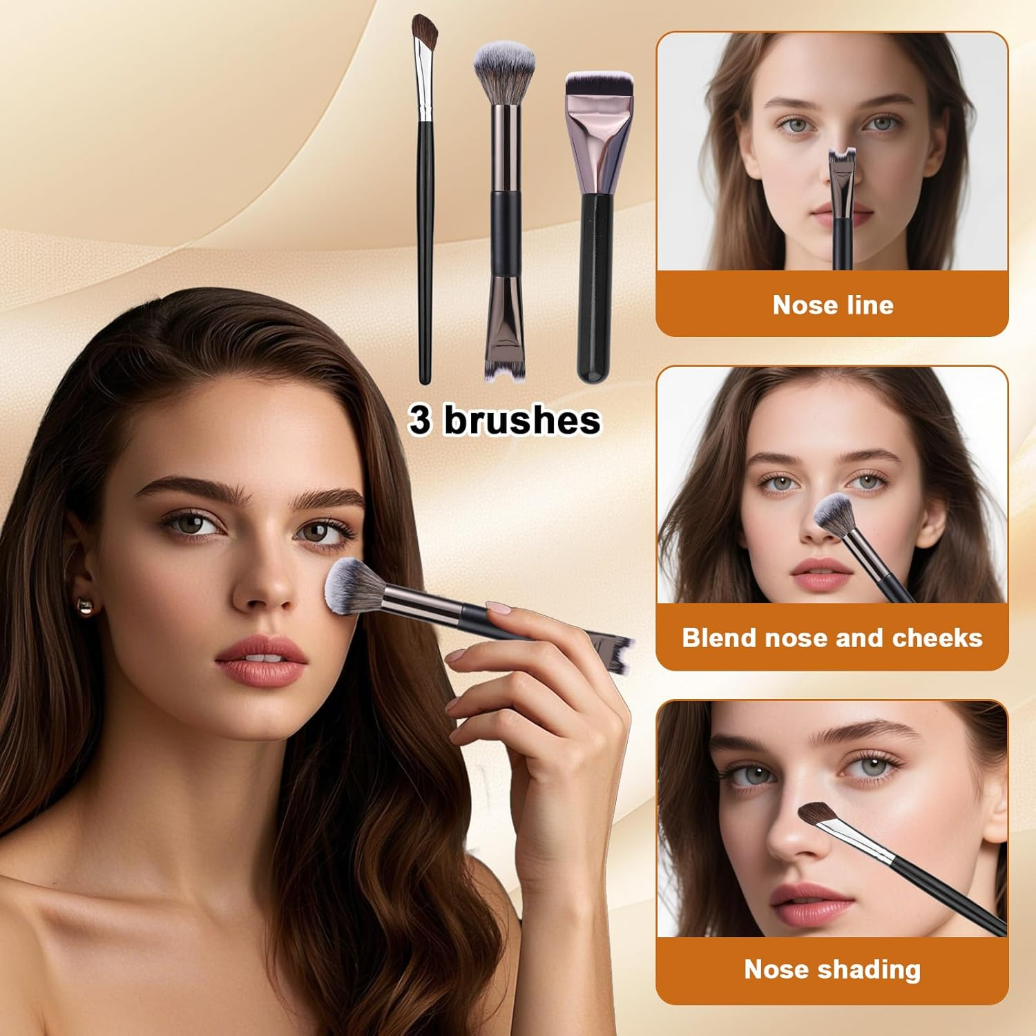 BOXOB 3Pcs Nose Contour Brush Set, U-Shaped Fluffy & Angled Brush Flat Brushes Sculpting Dual-End Nose Brushes Makeup Tools for Sculpting and Defining Blending Buffing image number 2