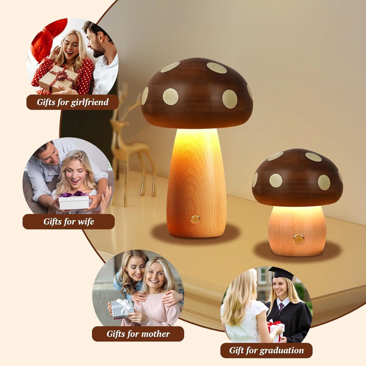 RUIOMII Touch Cordless Mushroom Lamp,5 Levels Brightness Small Wood Mushroom Night Light for Bedside Bedroom Home Include USB-C Port Charging Cable image number 2