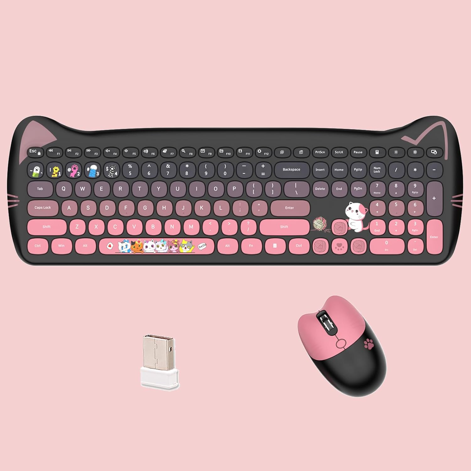 Cute Cat Keyboard and Mouse Combo Wireless, Kawaii Keyboard and Mouse for Girls and Kids, Soundless Colorful Keys, Compatible with Notebook, PC (Blackpink-110Keys)