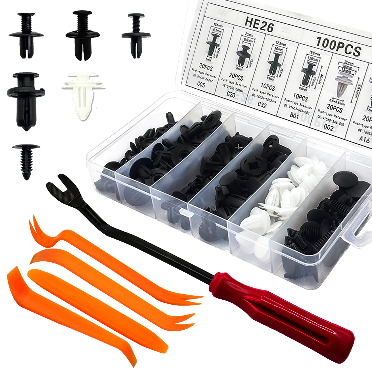 100PCS Universal Car Retainer Clips, Push-Type Auto Bumper Retainer Fasteners with 5 Removal Tools, Plastic Car Clips Set for Car Door,Bumper,Fender