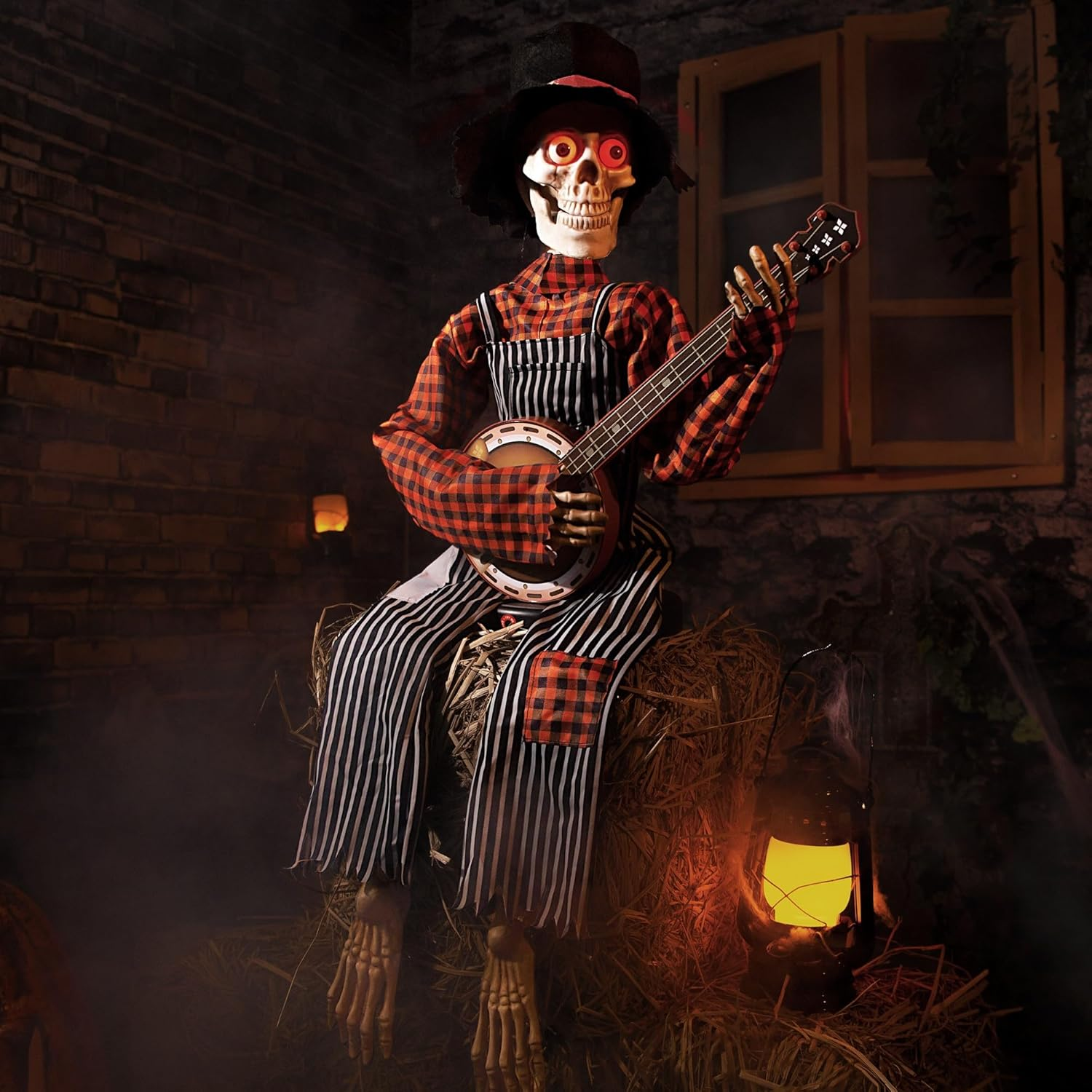 Halloween Animatronics Banjo Skeletons - Animated Skeleton Decorations with Sound Activated, Funny Voice Light up Eyes Playing Motion Musical Prop Decor for Indoor/Outdoor, Guitar Skull,(Gs01)