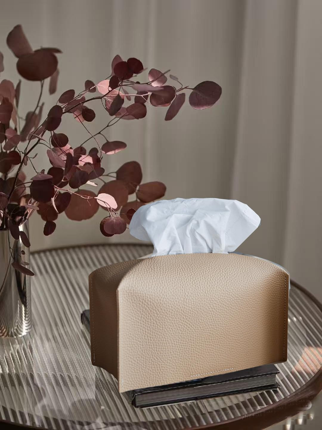 2Pcs Tissue Box Cover, Modern PU Leather Rectangular Tissue Box Holder - Decorative Holder/Organizer for Bathroom Vanity Countertop, Night Stands, Office Desk - Pu-Beige image number 3