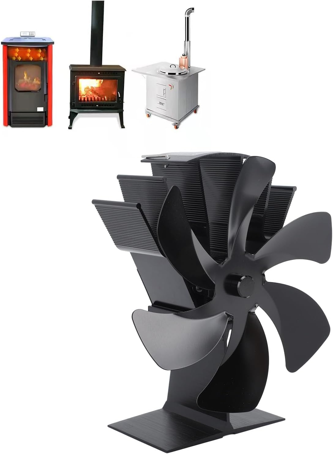 Wood Stove Fan, 6 Blades Fireplace Fan Heat Powered Non Electric, Aluminium Alloy Vertical Thermal Fan for Gas Stove, Wood Burning Stove (Black) - Silver image number 7