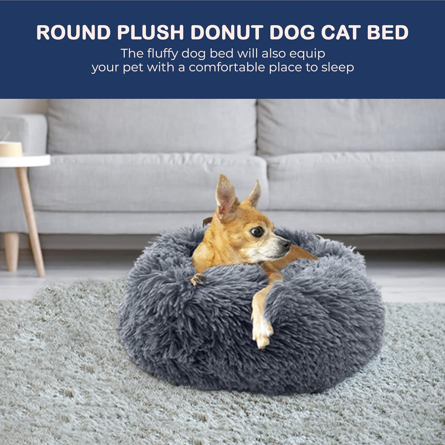 Fur & Bone round Plush Donut Dog Bed, Dog Bed & Cat Bed | Fluffy Dog Bed, Self-Warming Dog Beds | Washable Dog Bed with Non-Slip & Waterproof Bottom Calming Dog Bed, Dog Donut Bed - (70Cm, Dark Grey) image number 2