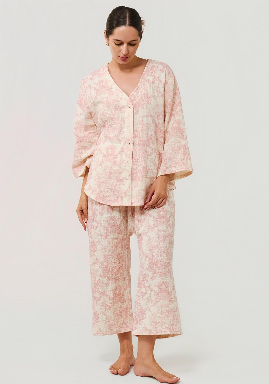 NOTHING FITS but Muslin Gauze Nursing Set, Postpartum Nursing Pajamas Set, Soft Pjs Sleepwear Maternity Loungewear image number 5