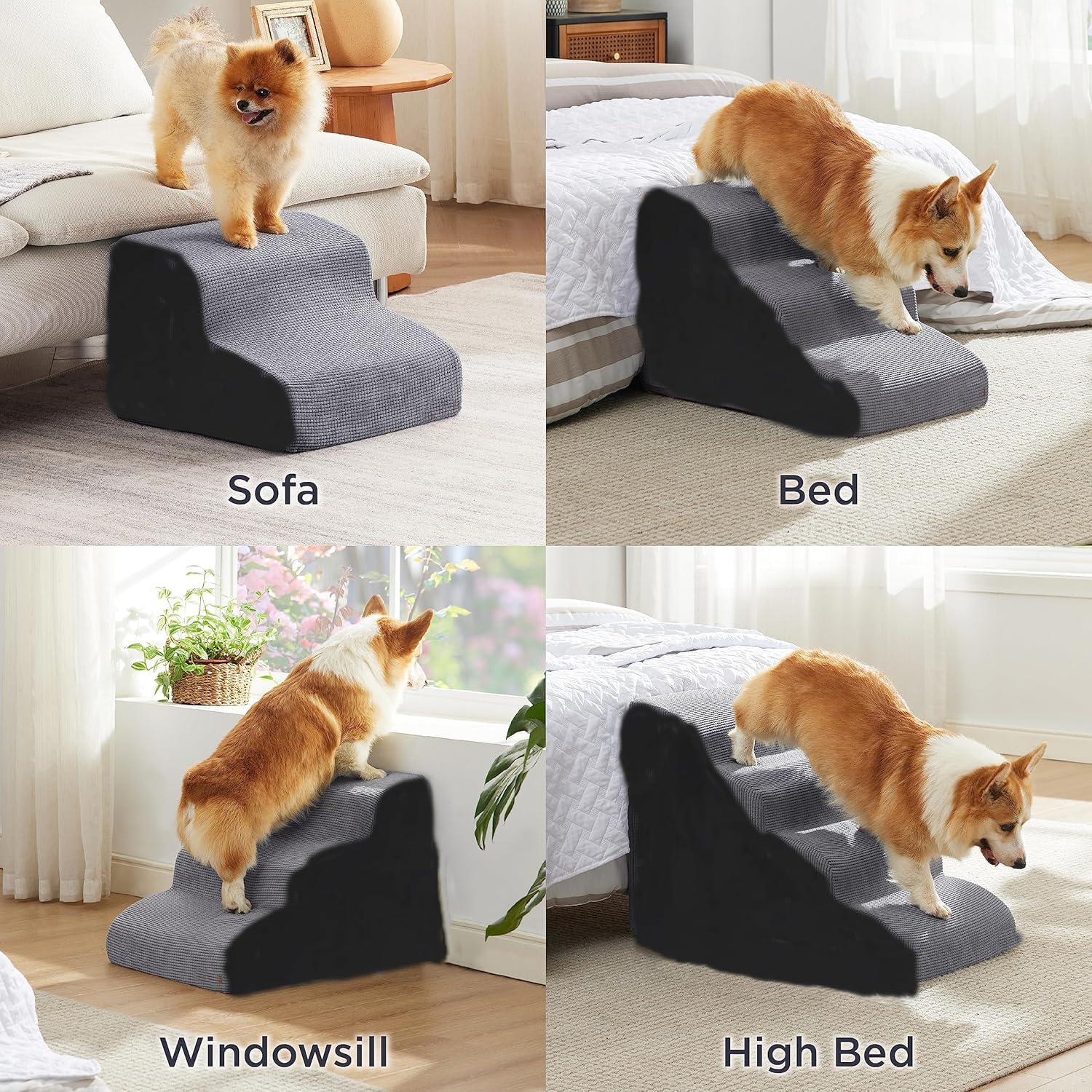 Funtaki Dog Stairs for Small Dogs, Curved Dog Step for Puppy, Older Cats, Non-Slip Pet Ramp for Sofa, Couch or Bed, Ladder with High Density Foam & Washable Cover, 3 Steps image number 4