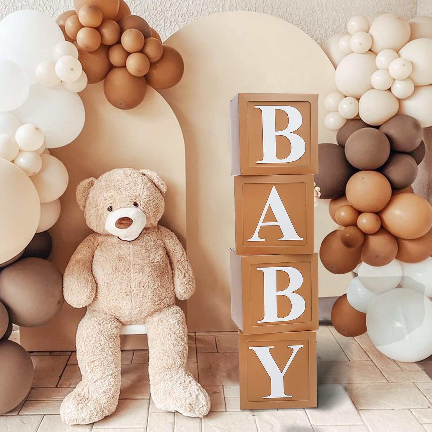 Teddy Bear Baby Shower Boxes Decorations, 4Pcs Brown Baby Shower Blocks with Letters, Stereoscopic Babyshower Balloon Boxes for Woodland Baby Shower Decor Boys Girls Gender Reveal Backdrop