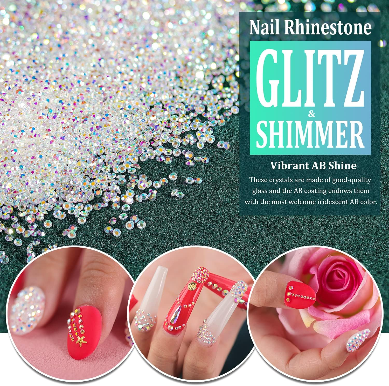 Tiny Nail Rhinestones 15000Pcs 1.2Mm Ultra Mini Pixie AB Glass Crystals for Nail Art Manicure Iridescent Long Lasting Shine Small Rhinestone Micro Dust Glitter Caviar Bead Sugar Gem