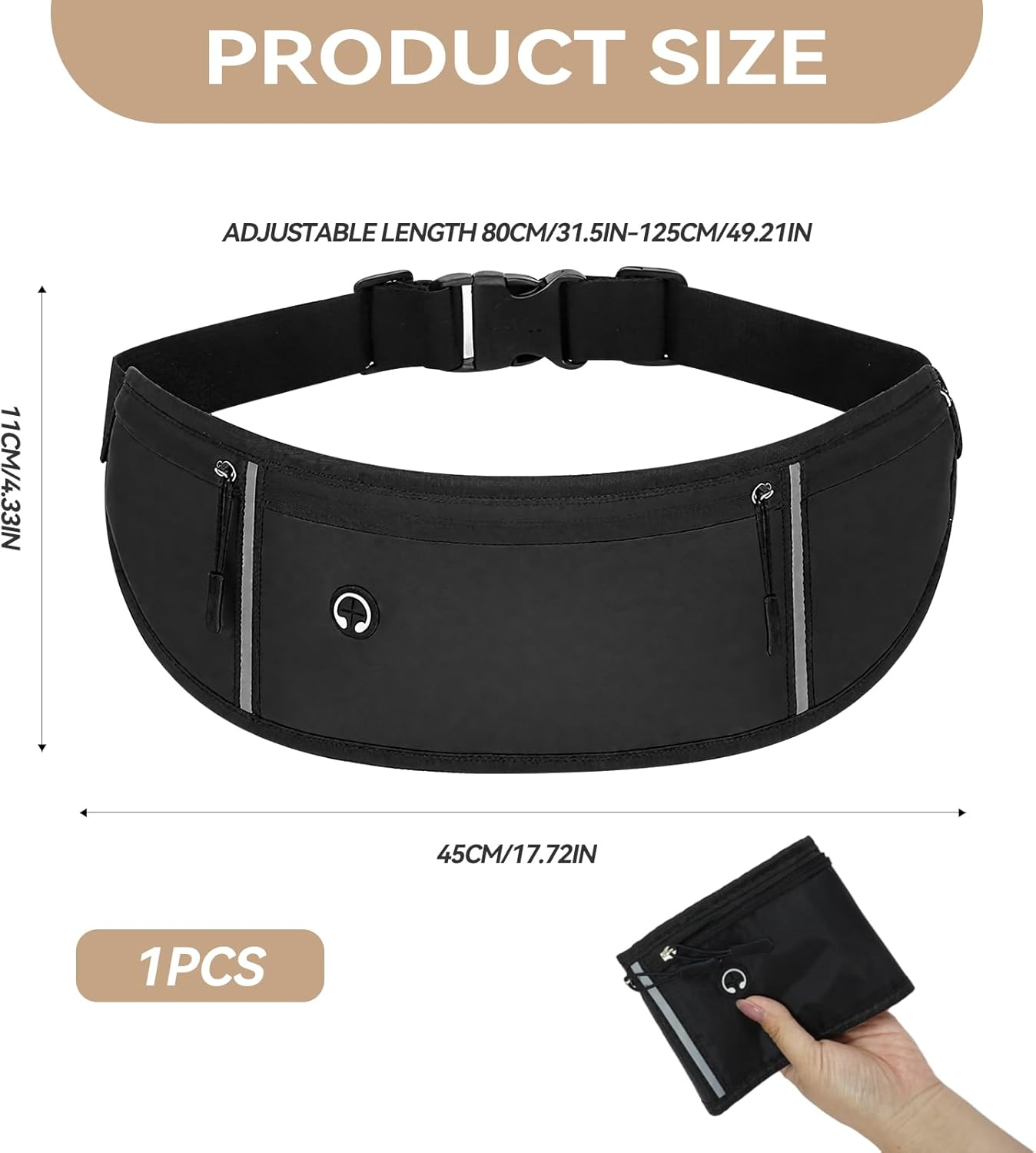 Adjustable Running Belt Waist Pack - Water-Resistant Phone Holder for Men & Women, 45Cm Slim Fitness Belt Bag Fits 6.5" Phones (80-125Cm Waist) image number 6