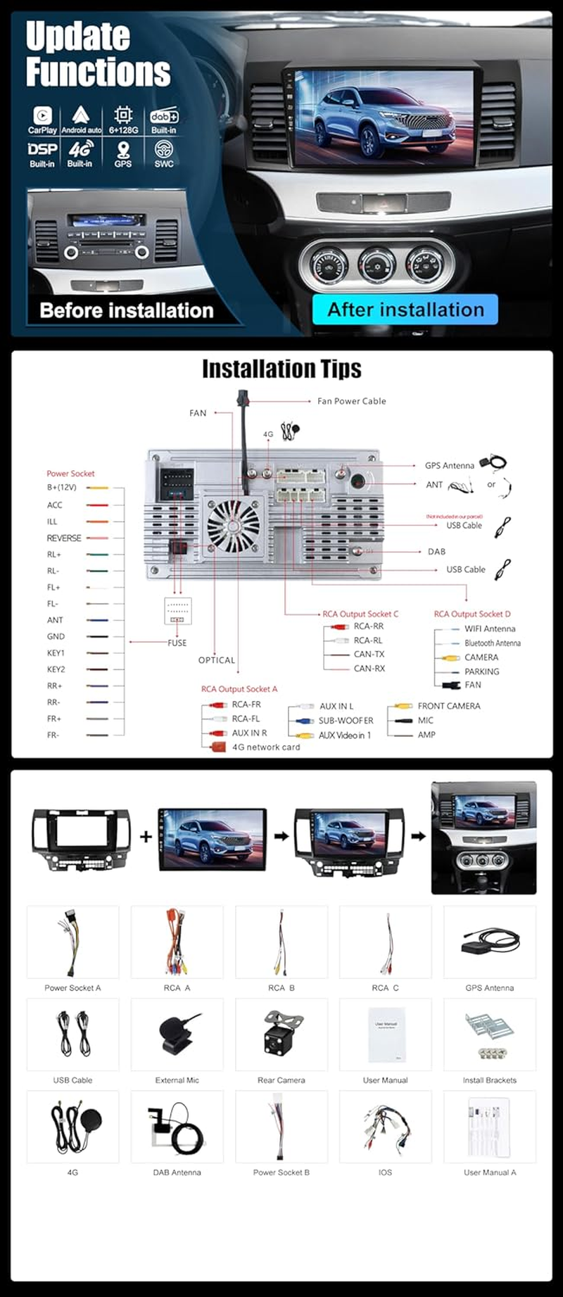 Bxliyer【Built-In 4G Dab】Android 14-6G+128G Car Stereo for Mitsubishi Lancer (2010-2016)- Wireless Carplay/Android Auto - Camera + MIC - IPS 10.1 Inch 2 Din - Steering Wheel Fast-Boot 360-CAM HDMI DSP image number 4