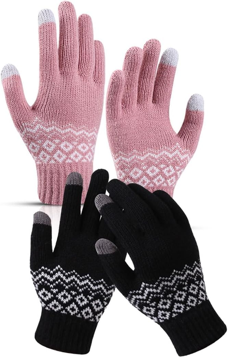 2 Pairs Winter Gloves with Touchscreen Fingers, Thermal Warm Knit Soft Fleece Lined Glove Women Men Elastic Cuff Glove for Running Driving Hiking