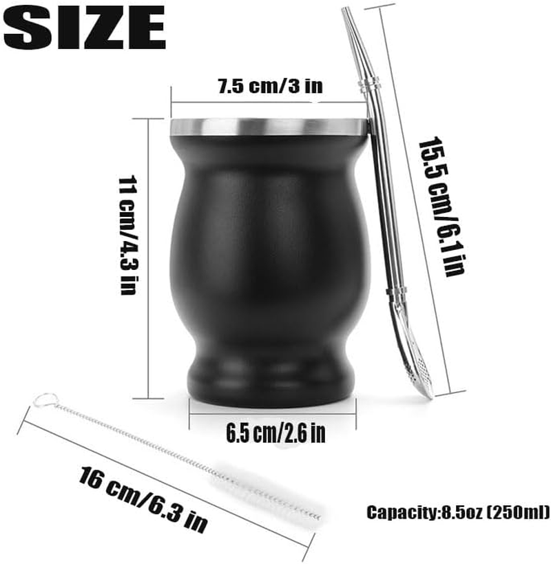 Mate Cup,Yerba Mate Gourd Cup Set, Stainless Steel Double Wall Tea Cup Set Traditional Mate Cup Includes 2 Bombillas Yerba Mate Straws (Black) image number 3