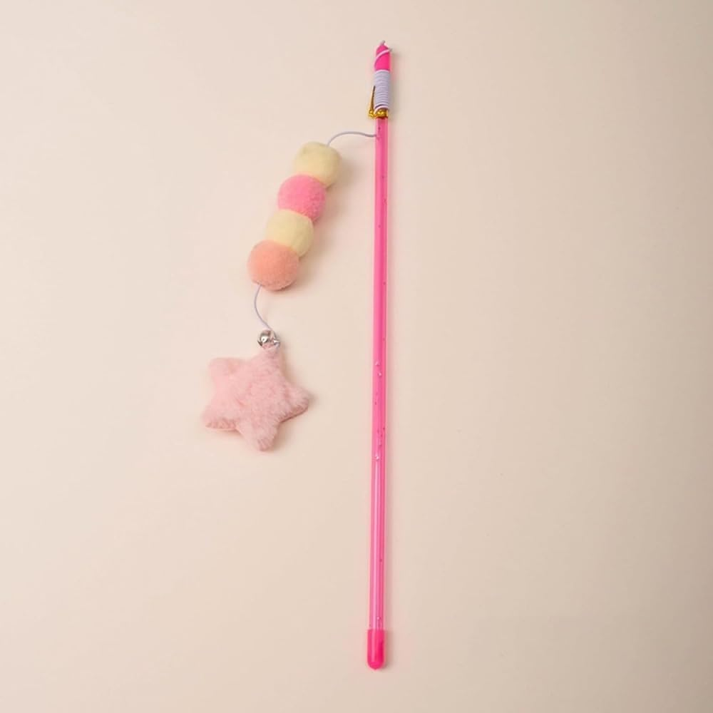 Typogrove Cat Toy Wand, Pink Cat Stick Toy Elastic Rope Plush Ball Star Pendant, Bite-Resistant Comfortable Grip Relieve Boredom, Handmade Kitten Teaser Wand Cat Mice and Animals Toys