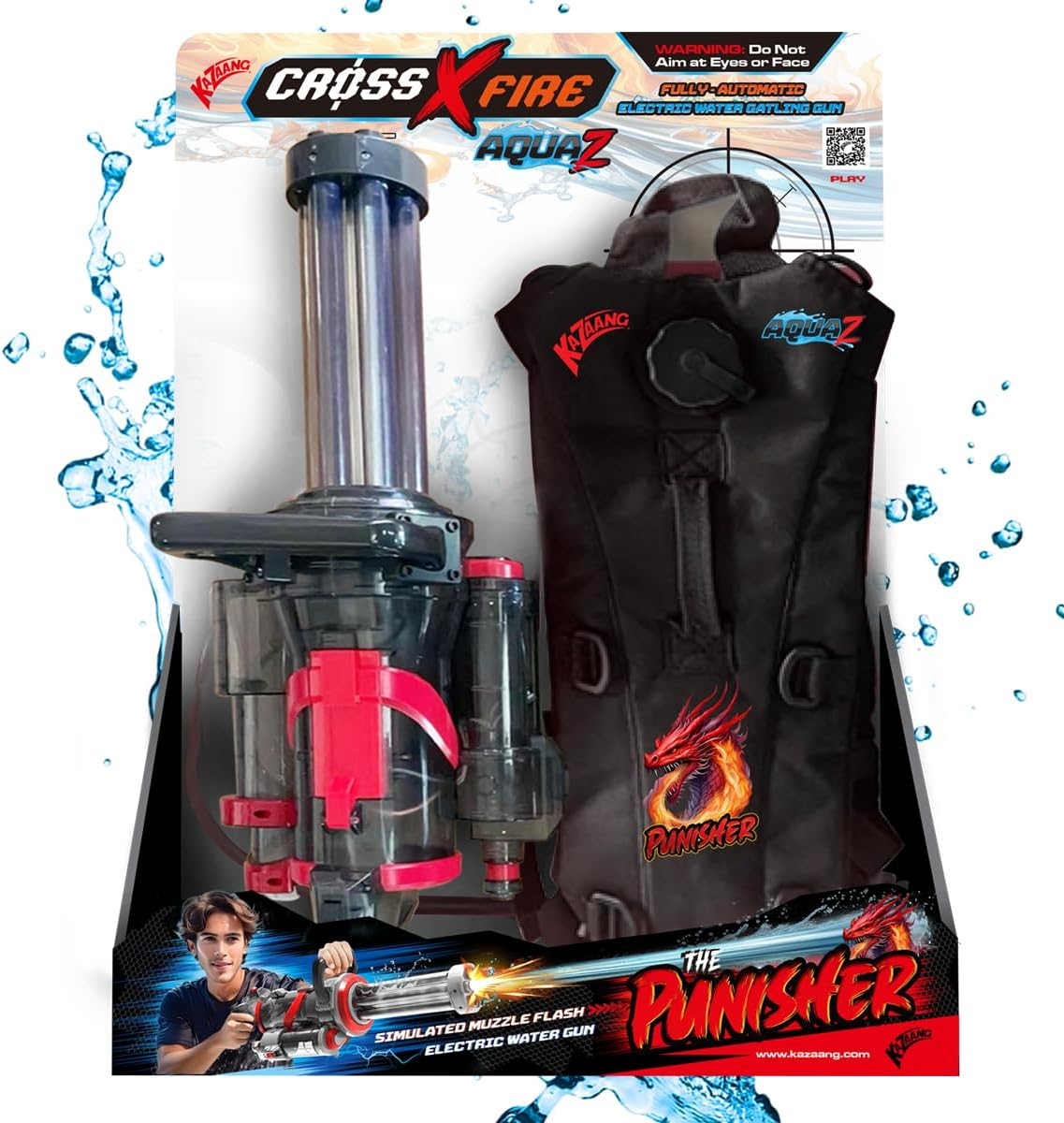 Kazaang Crossxfire Aquaz Punisher - Electric Water Gun with 9M Firing Range - Fully Automatic Gatling Gun with Simulated Muzzle Flash Effect - External Backpack Water Tank - Suitable for 8+ image number 4
