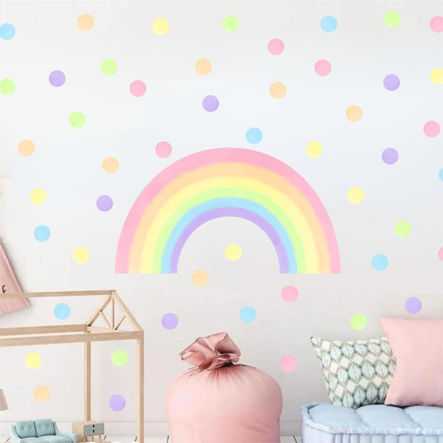 Colorful Rainbow Wall Decals Large Rainbow Wall Stickers Circle Polka Dots Wall Stickers Watercolor Rainbow Wall Decals for Girls Bedroom Nursery Kids Room image number 5