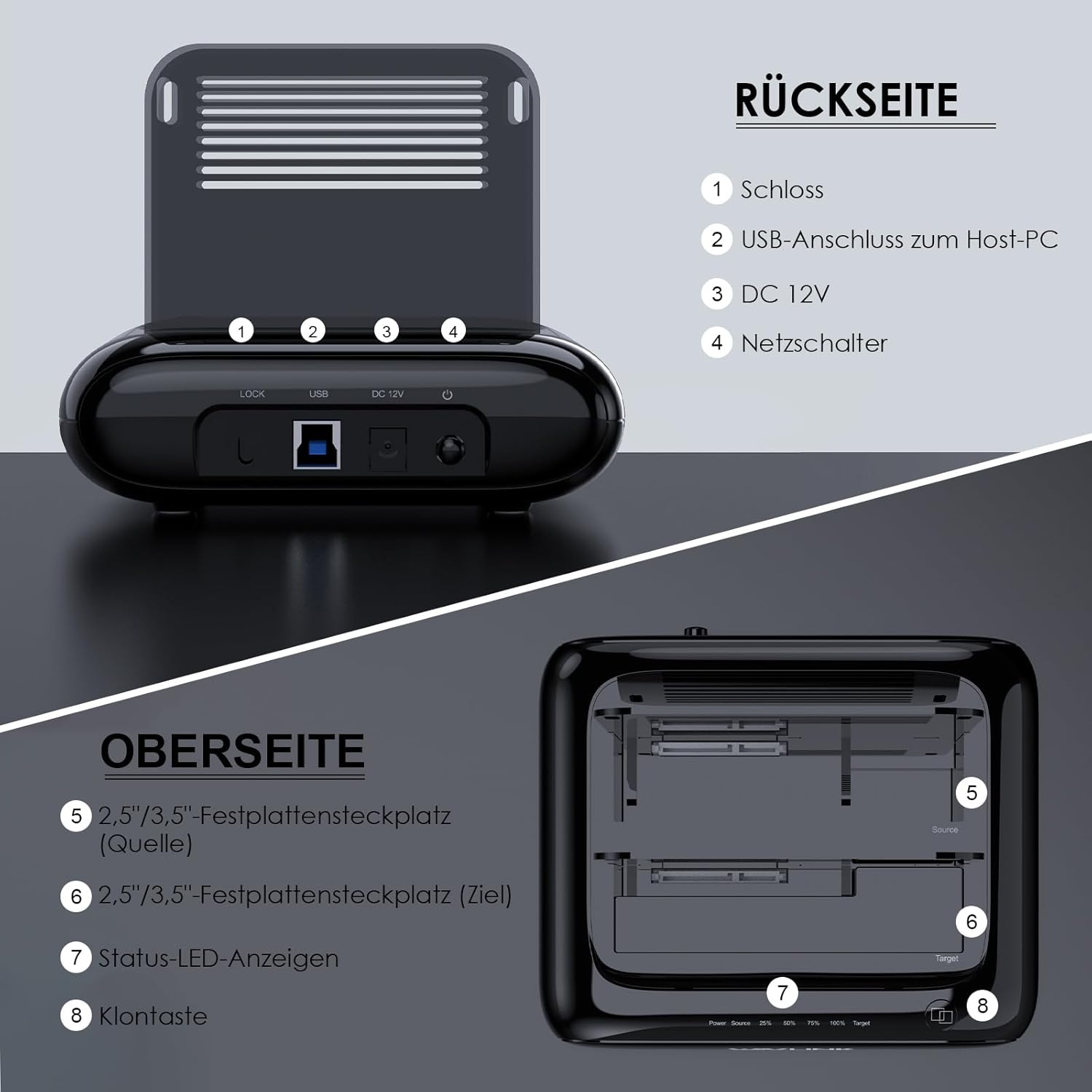 WAVLINK Dual Bay Hard Drive Docking Station - USB 3.0 to SATA I/II/III for 2.5" & 3.5" HDD/SSD with Fixed Bezel, Supports Offline Clone/Duplicator Function, Supports 2X20Tb with UASP 6Gbps - Black image number 3