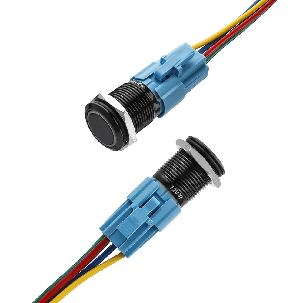 Yakamoz 2Pcs 16Mm Waterproof Latching Push Button Switches, 12V Self-Locking Button on off with Sockets White LED Wiring Harness for Automotive, Marine, Industrial Machinery and DIY. image number 1