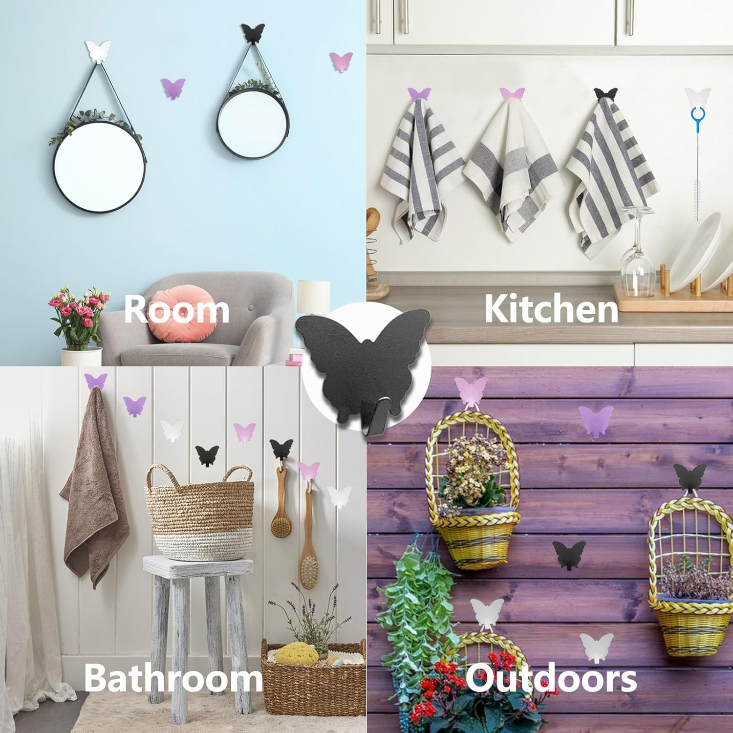 Duehoppee 8 Pack Adhesive Hooks,Cute Butterfly Sticky Hooks,Wall Decoration Hooks,Strong Stainless Steel Hooks to Organize Kitchen Office Bathroom Items, Key Hooks, Hat Hooks (Black)