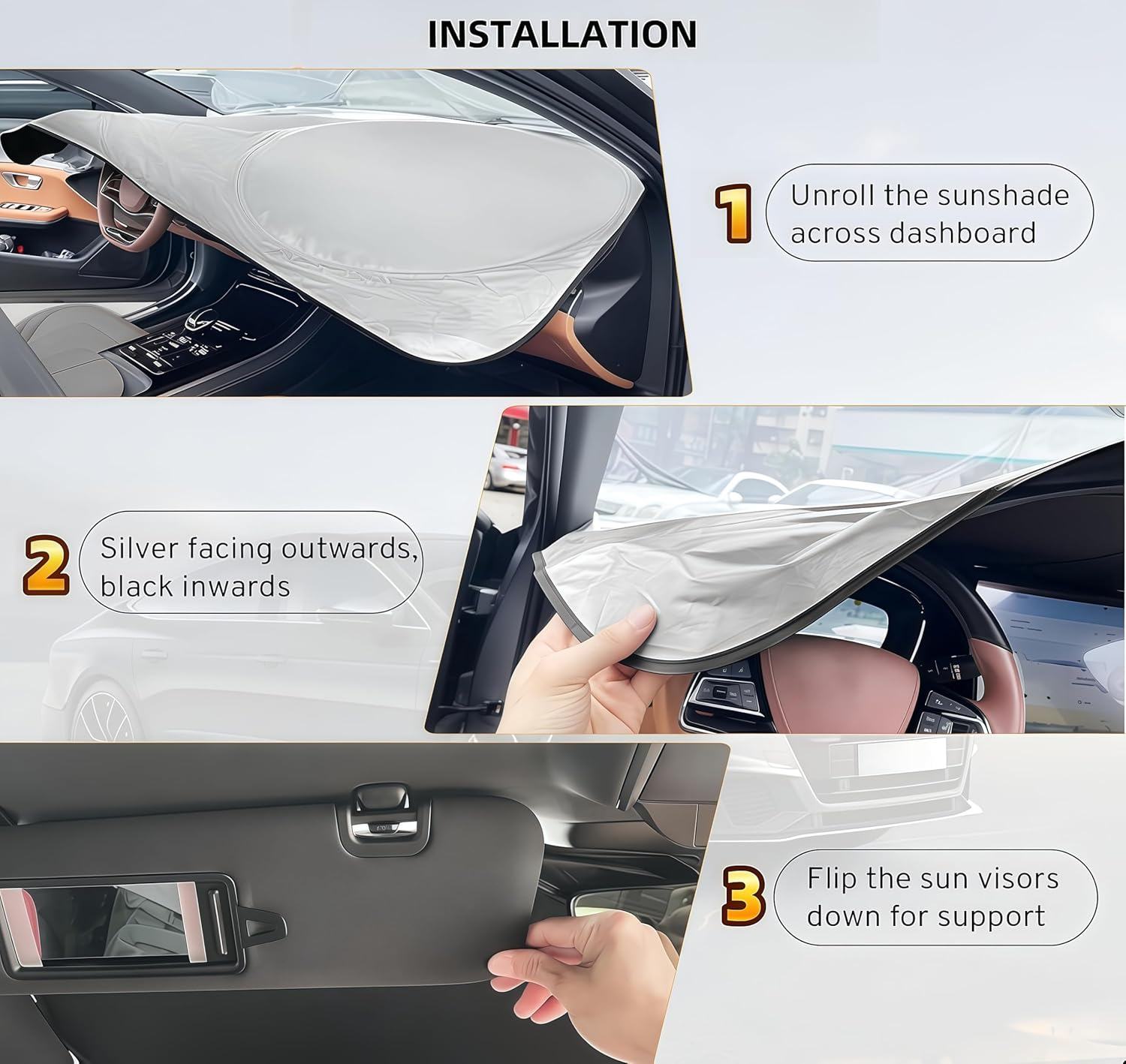 Foldable Car Windshield Sun Shade, 150X72Cm, UV Protection, Reflective Silver image number 5
