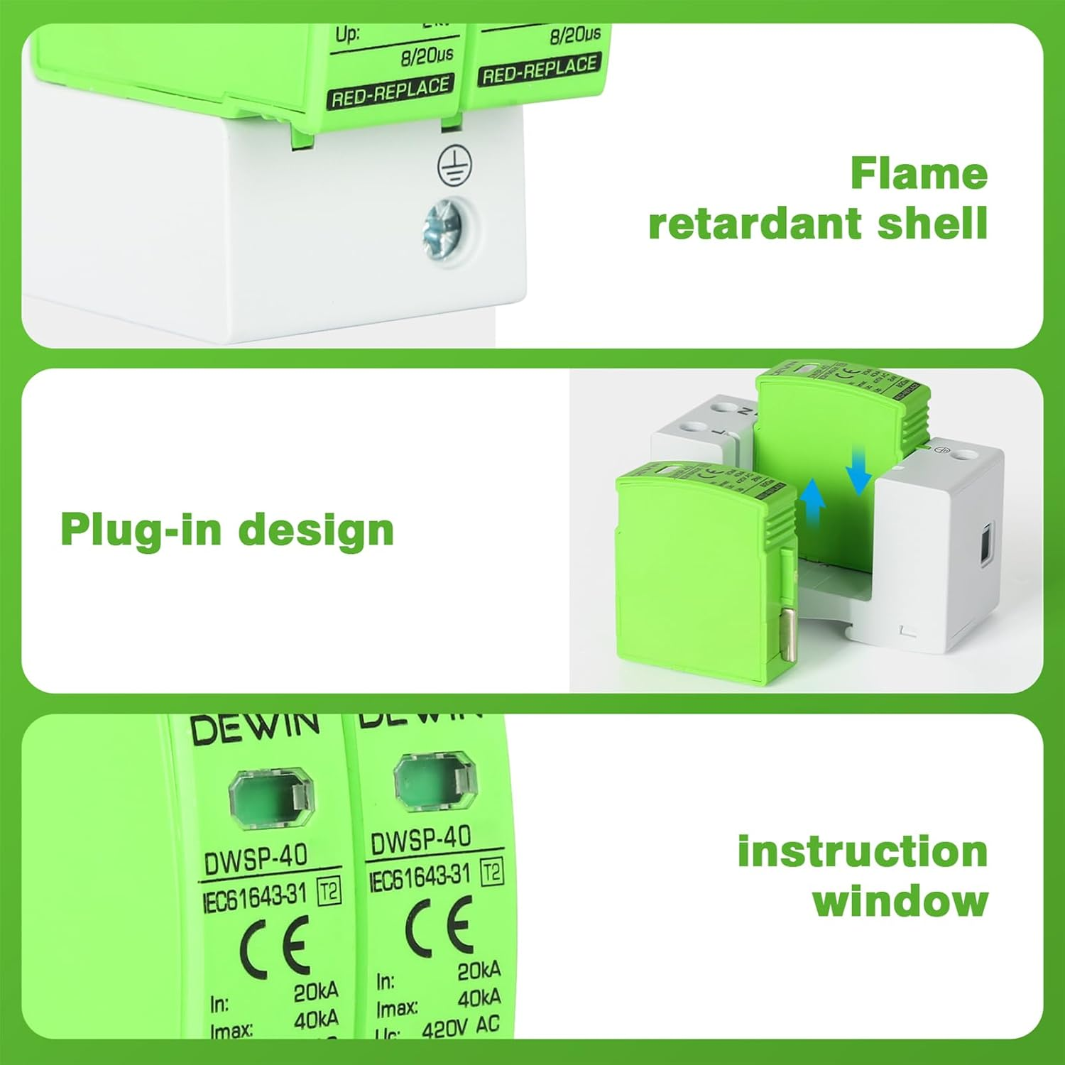 Victool Voltage Arrester Device, House AC 420V Low-Voltage Arrester Device, 35Mm DIN Rail Mounting (2P40KA) image number 3
