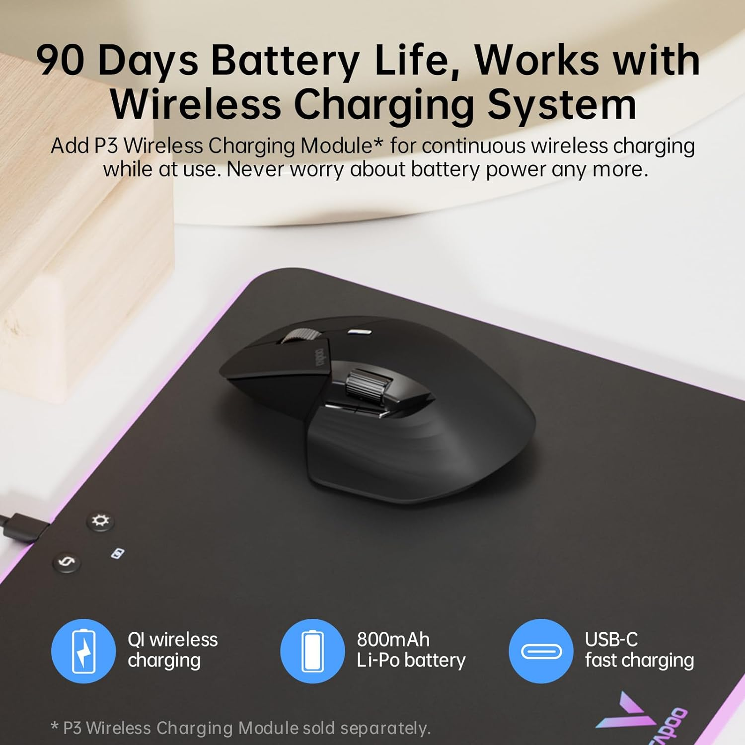 Rapoo Mt760Mini Bluetooth Wireless Mouse - Bluetooth 5.0 and 2.4Ghz Multi-Mode Connection, Support 4 Devices, M+ Cross Computer Technology, 11 Programmable Buttons, 90 Days Battery Life image number 2