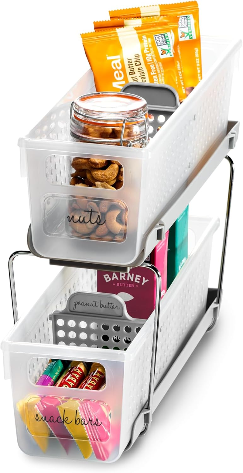 Madesmart Mini 2-Tier Organizer, Multi-Purpose Slide-Out Storage with Handles and Dividers for Home and Bath, Frost image number 3