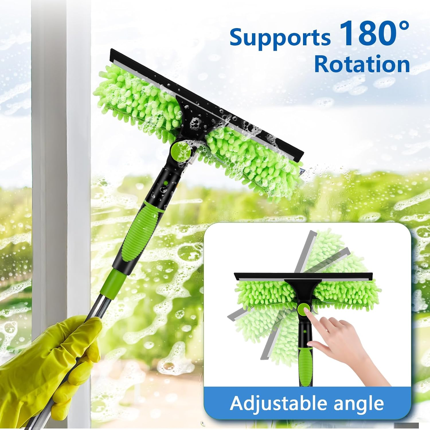 4.0M Telescopic Window Cleaning Poles Kit, Extendable Window Cleaner with Squeegee, 3 Microfibre Cloths, Long Reach Window Cleaning Equipment for Indoor & Outdoor High Windows, Cars, Walls (Green) image number 3