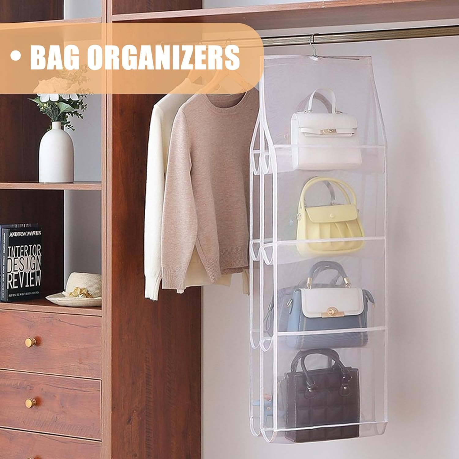 JECOMPRIS 4-Layer 8-Compartment White Hanging Purse Organizer Bag for Closet Storage, Multi-Pocket Handbag Holder Suitable for Wardrobe and Home Use image number 6