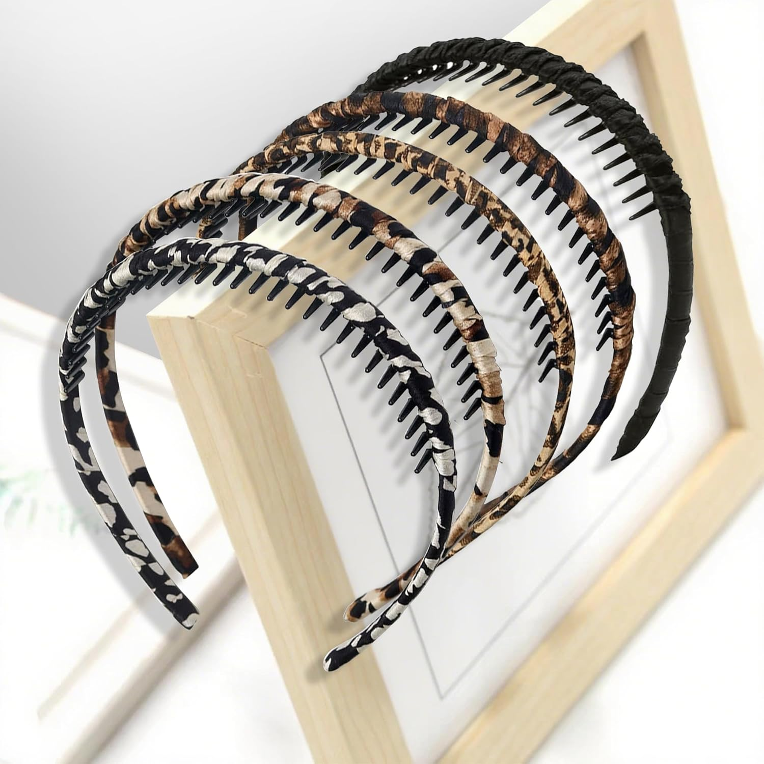 Pack of 5 Hair Bands for Girls and Women, Plastic Headbands with Teeth Comb Thin, Fashion Elasticity, Non-Slip Hair Bands with Leopard Print, Plain Headband, Hair Accessories image number 2