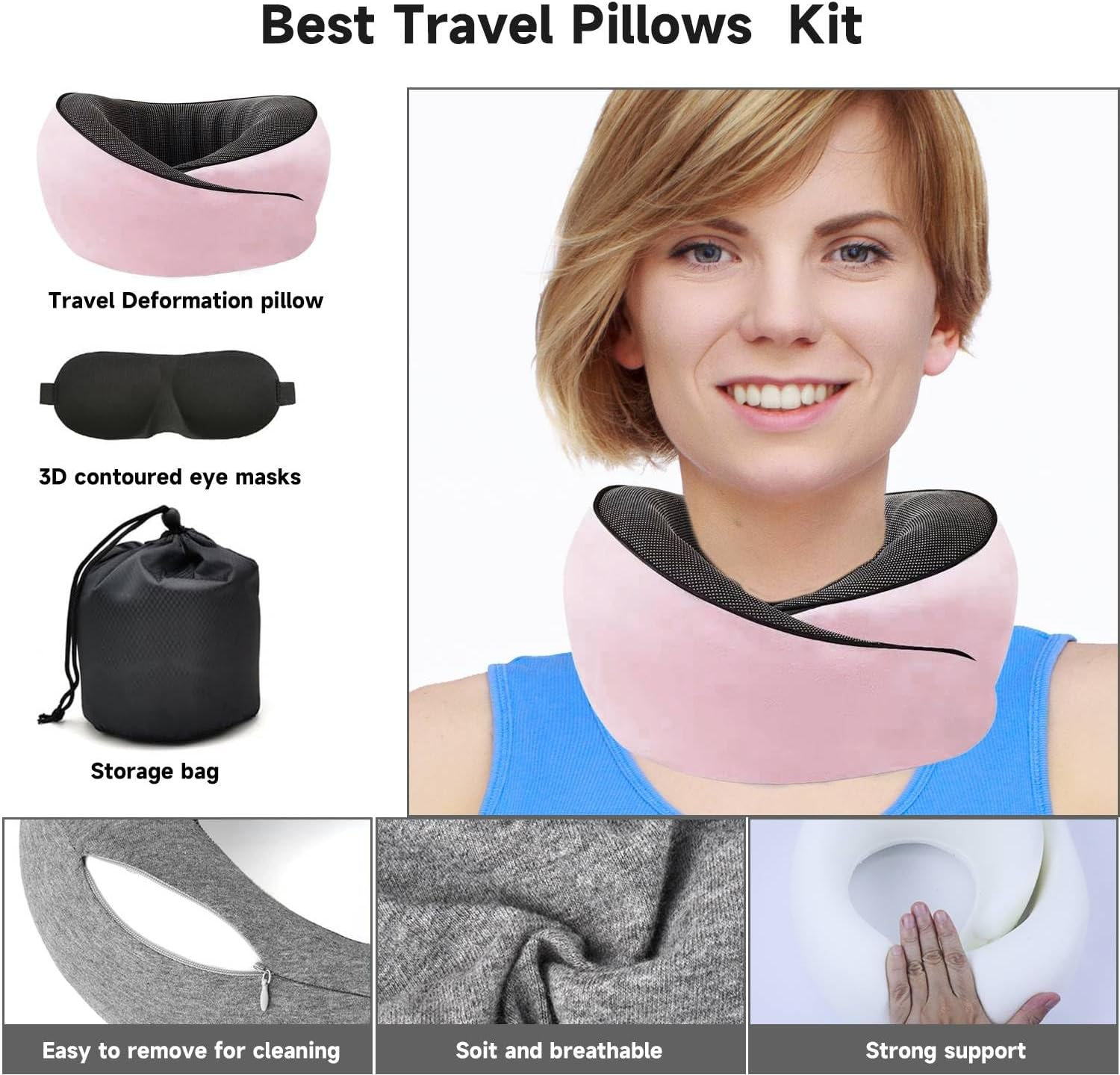 Travel Neck Pillow,Premium Memory Foam Travel Pillow with 3D Contoured Eye Masks & Mesh Bag, Comfortable Breathable Machine Washable, Pain Relief Sleeping Travel Pillows for Planes,Trains,Car-Pink image number 2