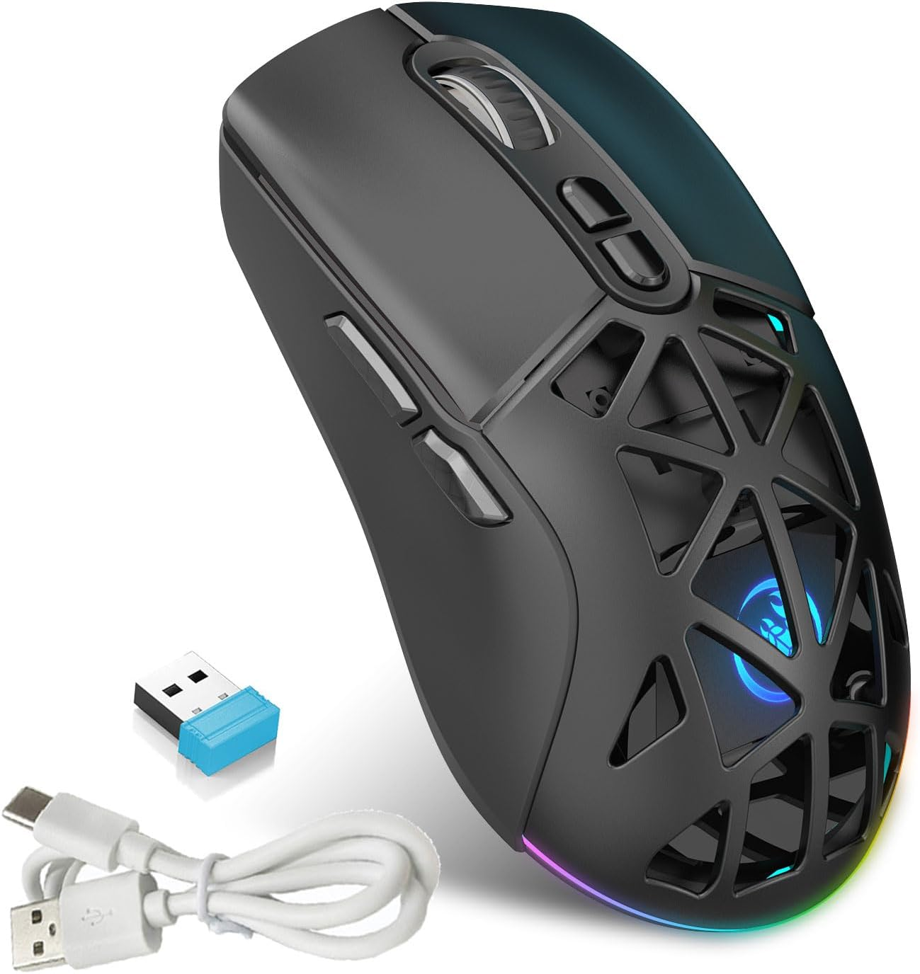 Anberyoo Wireless Gaming Mouse, BT5.1 + 2.4G Dual Mode 7-Button Esports Gaming Mouse with USB Receiver, up to 4800 DPI, Rechargeable RGB Backlight Wireless Mouse for Mac, Laptop, Computer, PC (Black)