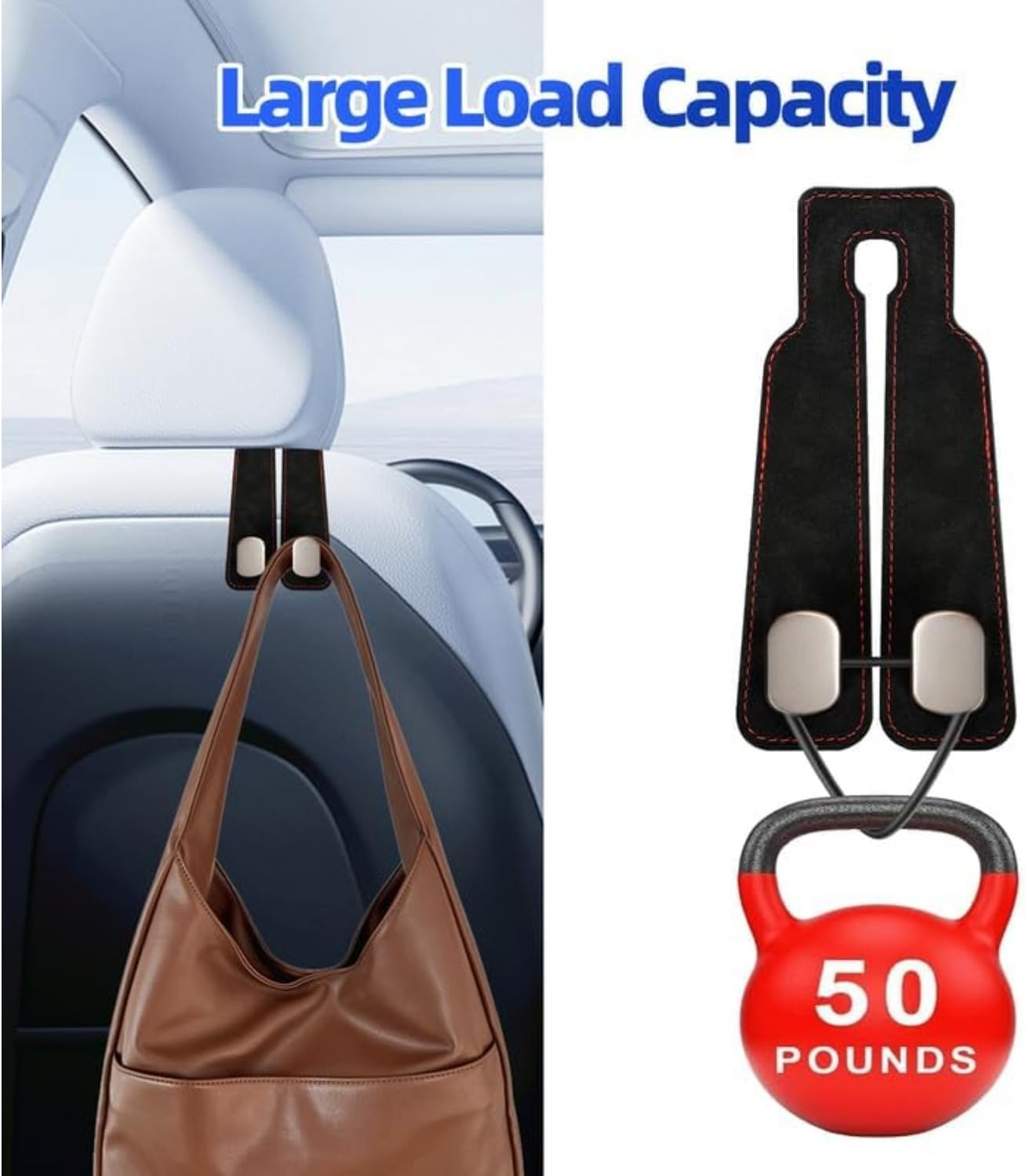 Usinynia 4 Pack Car Hooks for Headrest Double Car Seat Headrest Hooks Car Seat Back Storage Hook for Purses and Bags Leather Purse Hook for Car (Black) - Grey image number 6