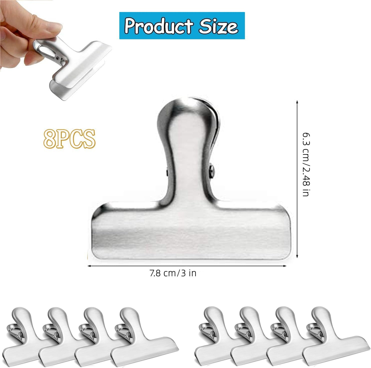 Yharnamite 8 Pcs Stainless Steel Chip Bag Clips, Food Bag Sealing Clips, Heavy Duty Stainless Steel Bag Clips for Coffee, Potato Chips, Snack, Food Packages (Silver) image number 6
