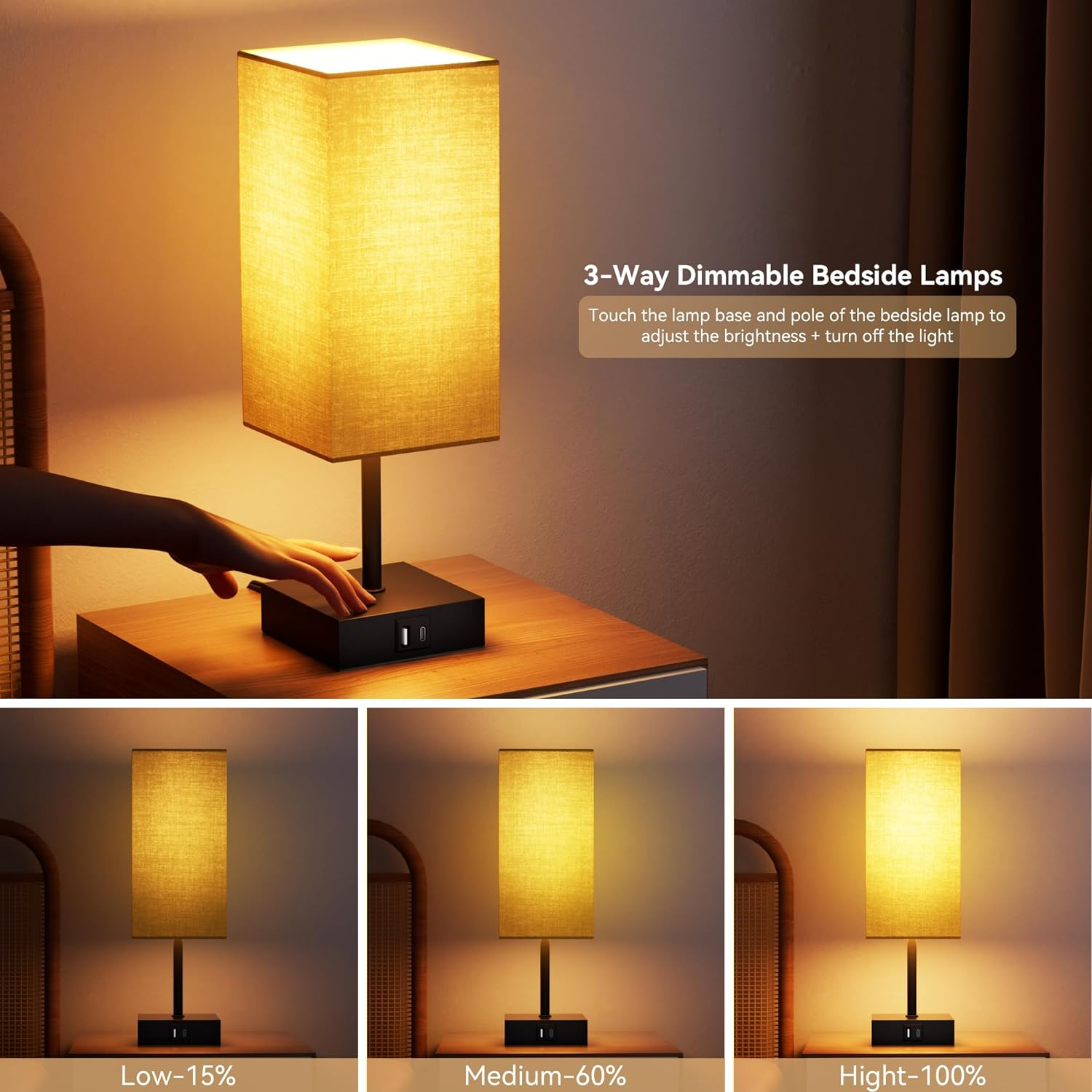 GOLSPARK Bedside Lamps Set of 2, Table Lamp for Living Room USB C USB a Charging Ports, 3 Way Dimmable Nightstand Lamps, Beige Lamp Shade Touch Lamps for Bedrooms LED Bulb Included, GSCA-FXTD-009 image number 5