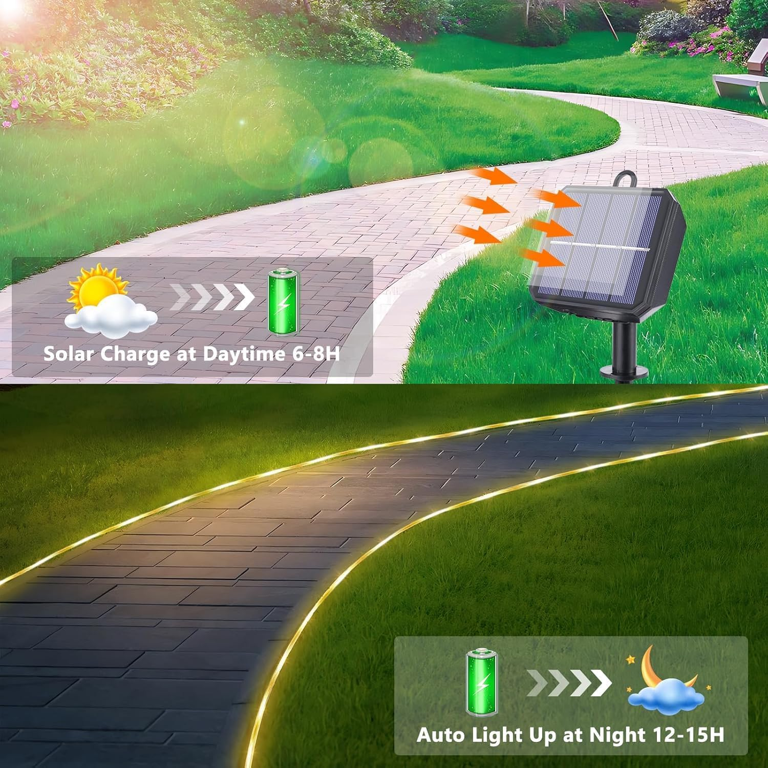 Solar Rope Lights, 10M 100LED Solar String Lights, 8 Modes Waterproof Solar Powered Outdoor Light, Flexible Clear Tube Light for Garden, Backyard, Patio, Deck, Porch, Pool,Tree Decor - Warm White - Multicolor image number 7