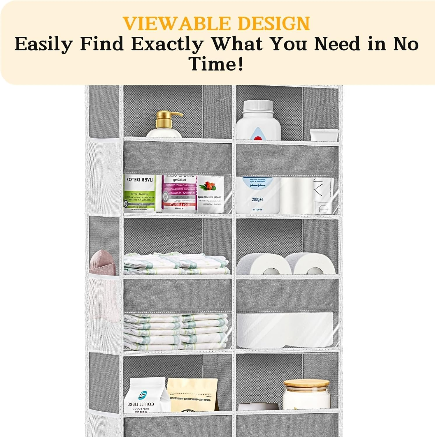 Over the Door Organizer, 5-Tier Extra Large behind Door Storage with 10 Big Front & 10 Mesh Pockets, 80Lb Capacity, Hanging Storage Organizer with Clear Window Kids Toys, Shoes, Diapers, Light Grey - 2Pack Beige image number 7