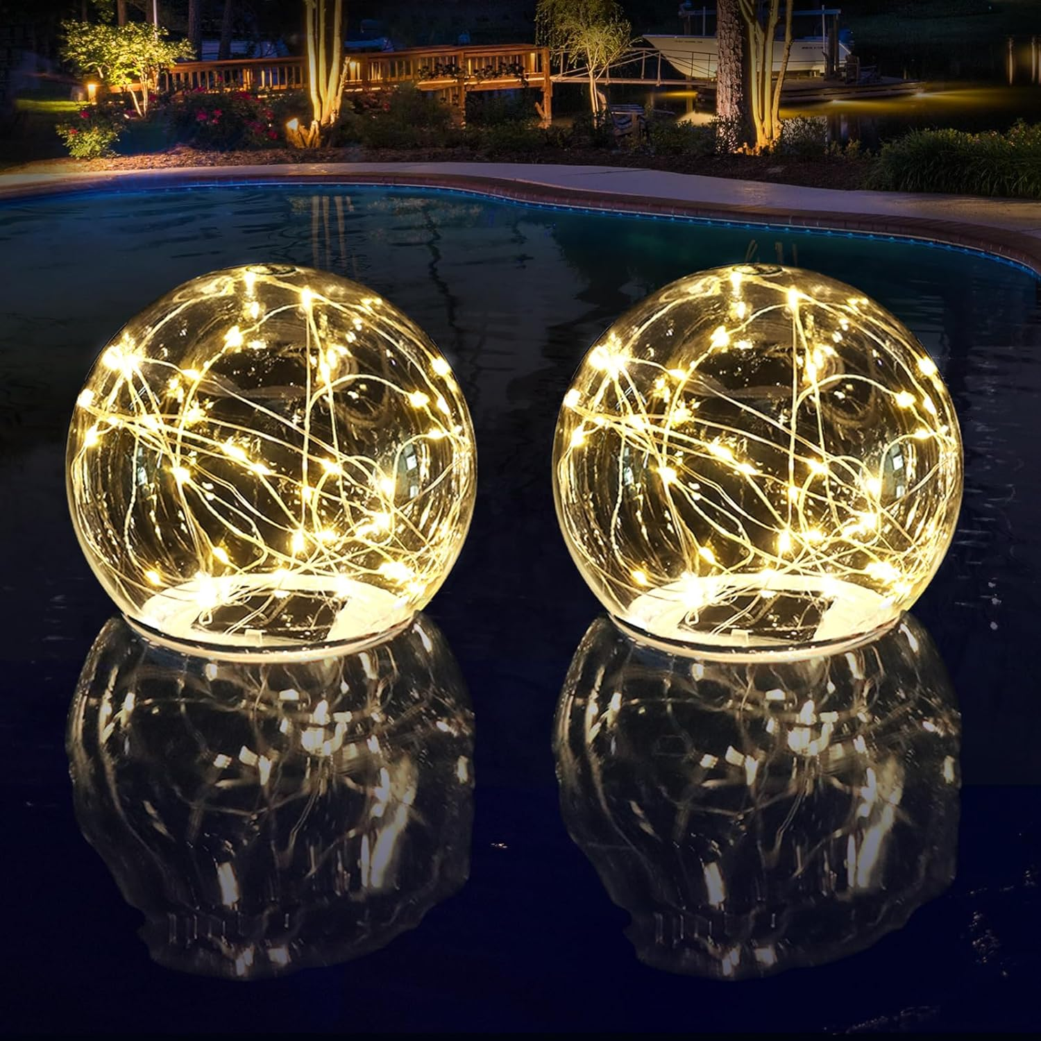 LENONE Floating Pool Lights Solar Powered, 6.9" Warm White Light up Solar Pool Lights That Float, Waterproof Solar Globe Lights for Pool, Updated Floating Pool Balls for Yard Patio Party Decor - 2PCS image number 4