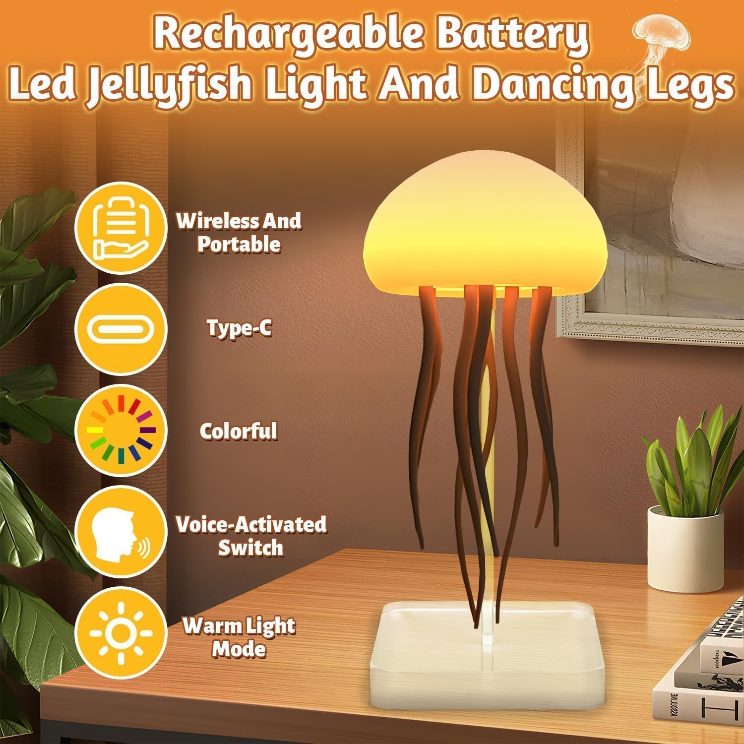 Voice-Controlled LED Jellyfish Lamp, RGB Gradient Jelly Fish Light with Dancing Legs, Touch Sensor Rechargeable Cute Desk Lamp for Bedrooms, Living Room (Hanging + Base) image number 1