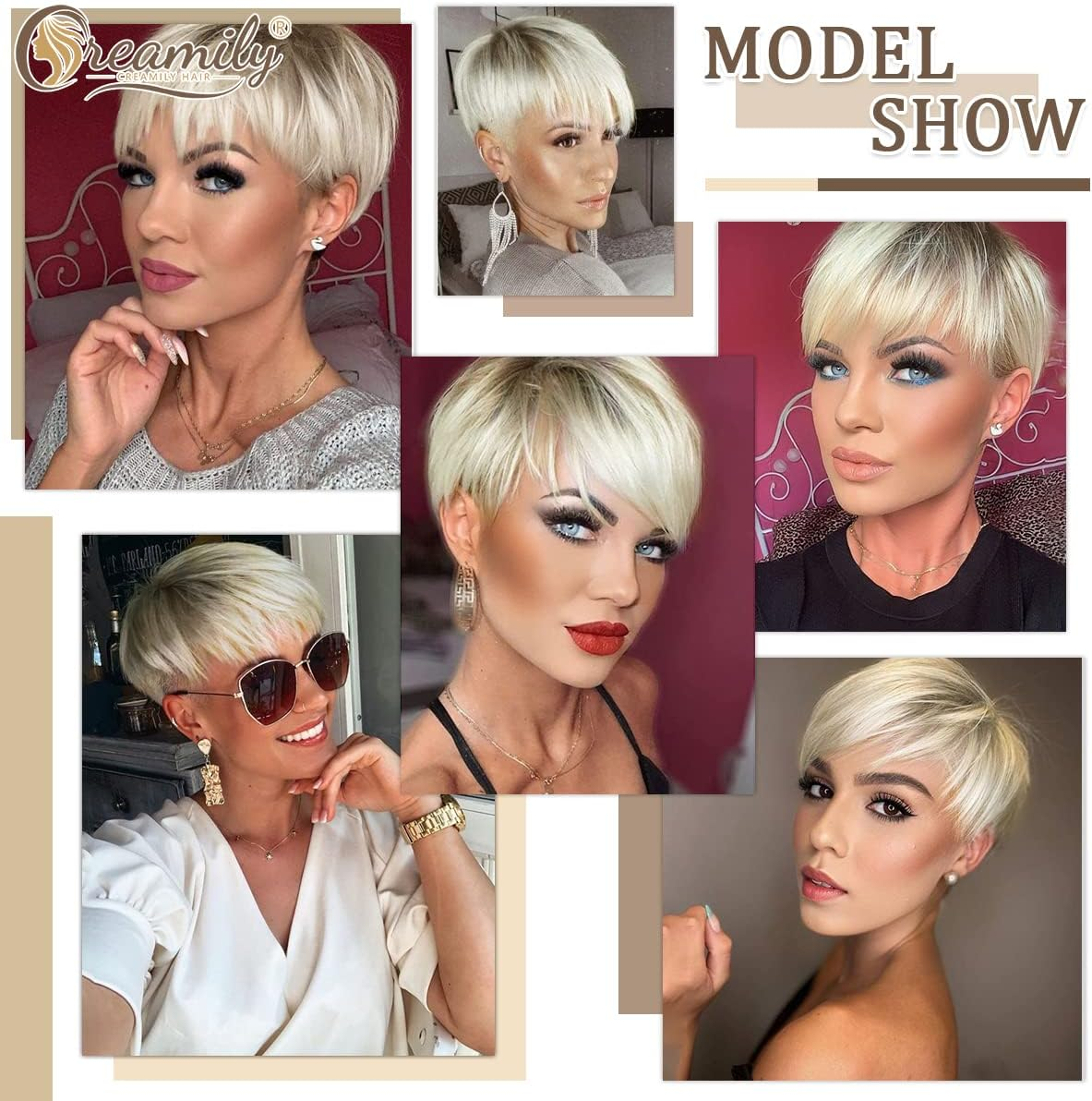 Creamily Short Blonde Wig for Women Ombre Blonde Short Wig Natural Layered Straight Synthetic Hair Wig with Bangs Short Wigs for Women Platinum Blonde Wig for Women - Brown image number 3