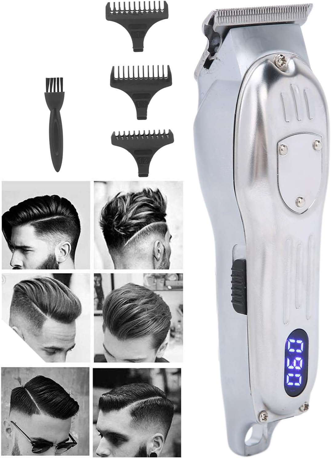 Electric Hair Trimmer with LCD Screen, Vintage Oil Head, Comfortable Grip, Professional 3 Guide Combs, Low Noise High Speed Motor, USB Charging, (Silver) image number 1