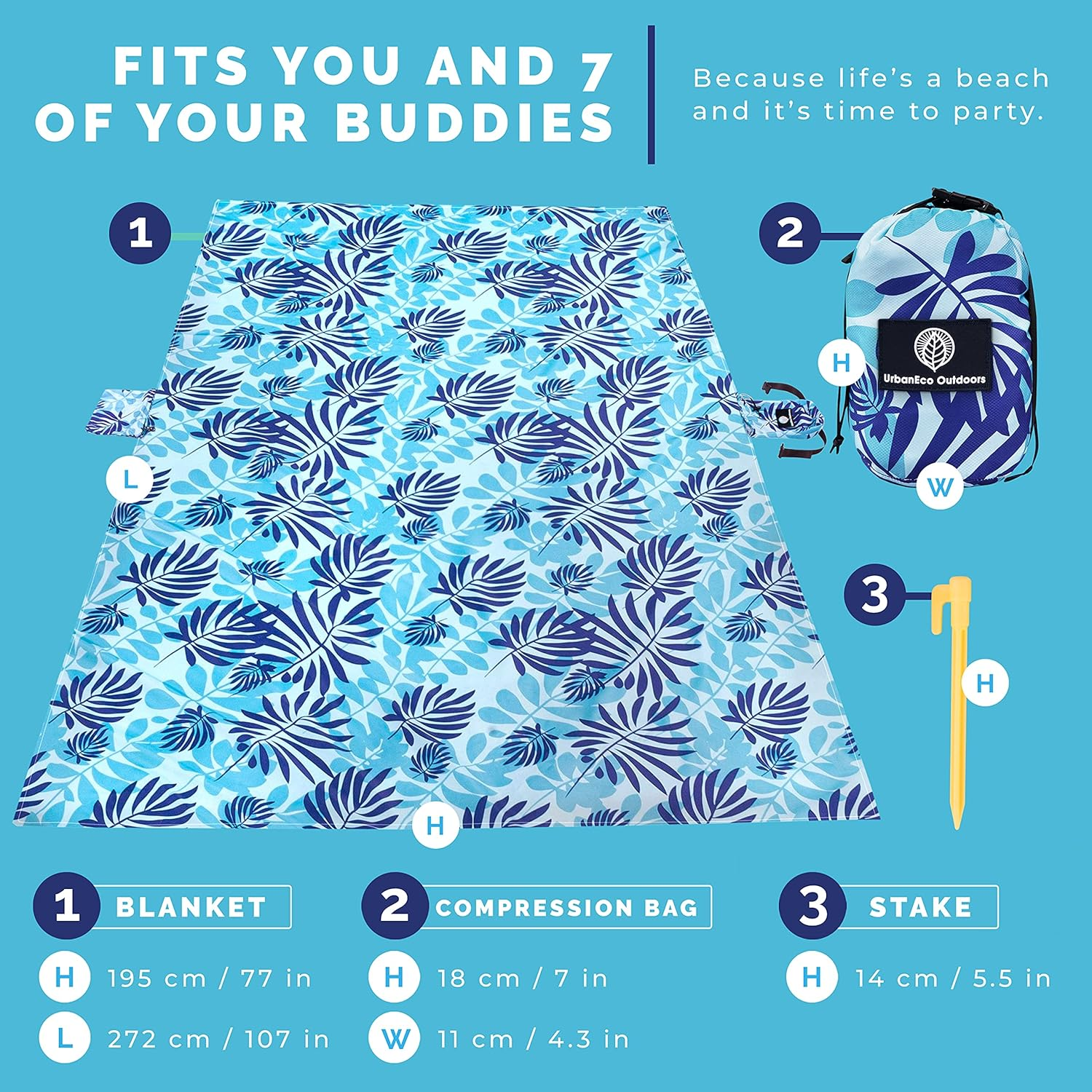 Beach Blanket Sand Free - Oversized 107" X 77" - Waterproof Sandproof - Double Anchored Picnic Blankets, Extra Large Beach Mat, 6 Stakes in Accessories Pouch, Picnic Mat&hellip; image number 4