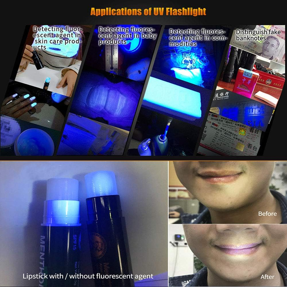 LIGHTFE 365Nm LED Flashlight Double UV and White Light Lens Zoom Strong Light Identification Handheld UV Torch AA Battery for Lamp -Spot Scorpions, Pet Urine, Counterfeit Money, Bed Bugs,For Resin&hellip; (ZM28 UV&W) - Uv301Plus-365Nm image number 4