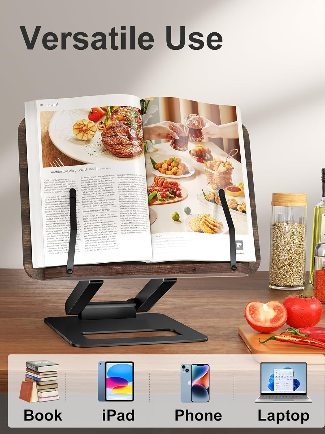 Tounee Book Stand, Telescopic Book Holder Stand, Adjustable Height Pull Out Design Ergonomic Cookbook Stand with Elastic Page Clips Fits All Books (Black) - Silver image number 6