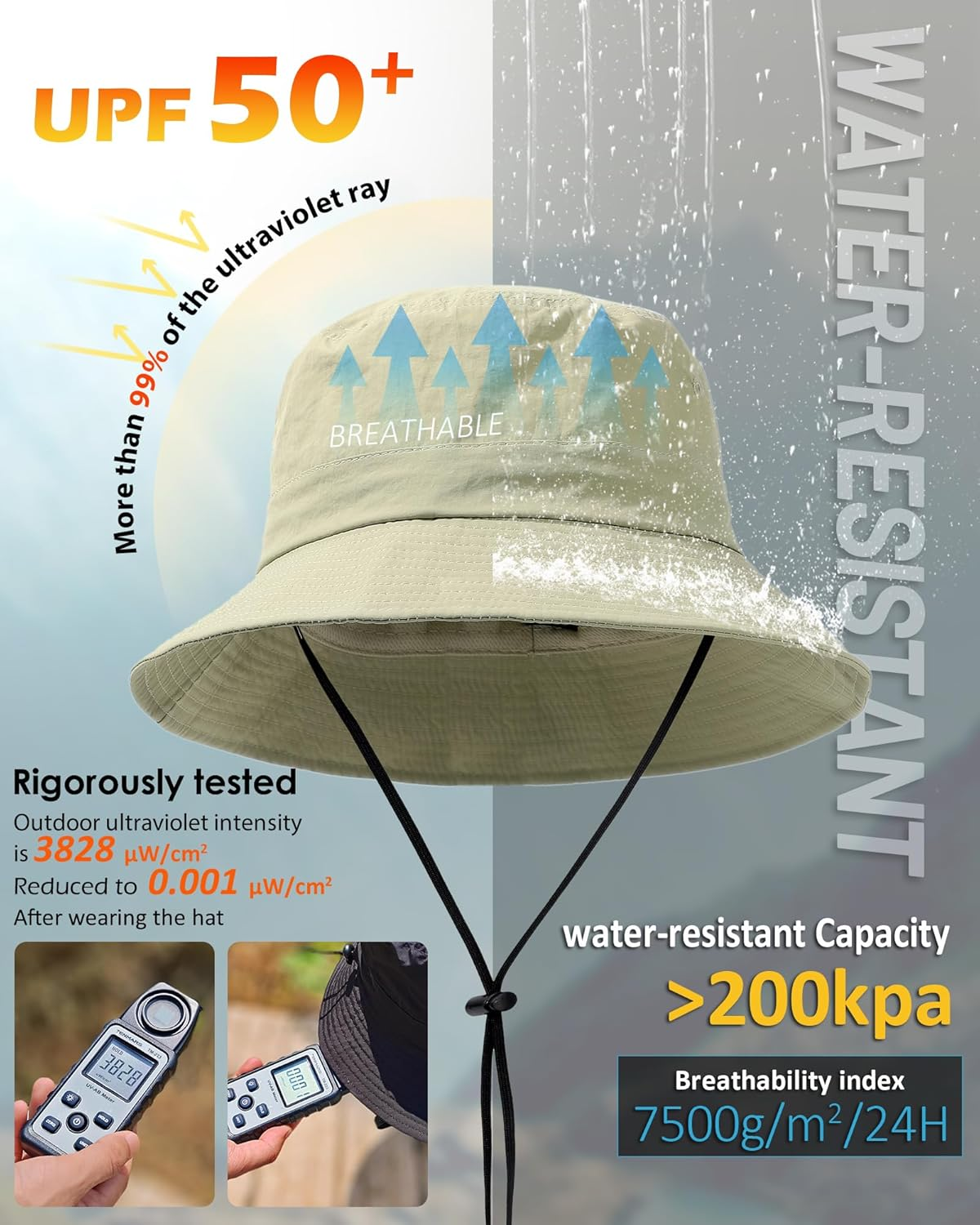 Waterproof Bucket Hat for Women Men Rain Hat UPF 50+ Wide Brim Boonie Sun Hat Foldable Summer Floppy Beach Fishing Safari Hat