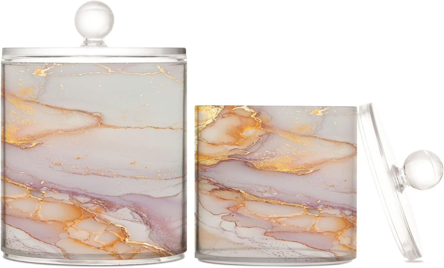 Marble White Sage Green Clear Plastic Makeup Organizer Storage with Lid Dresser Essentials Decorative Storage Bins for Floss Picks,Paper Clips,2 Pack