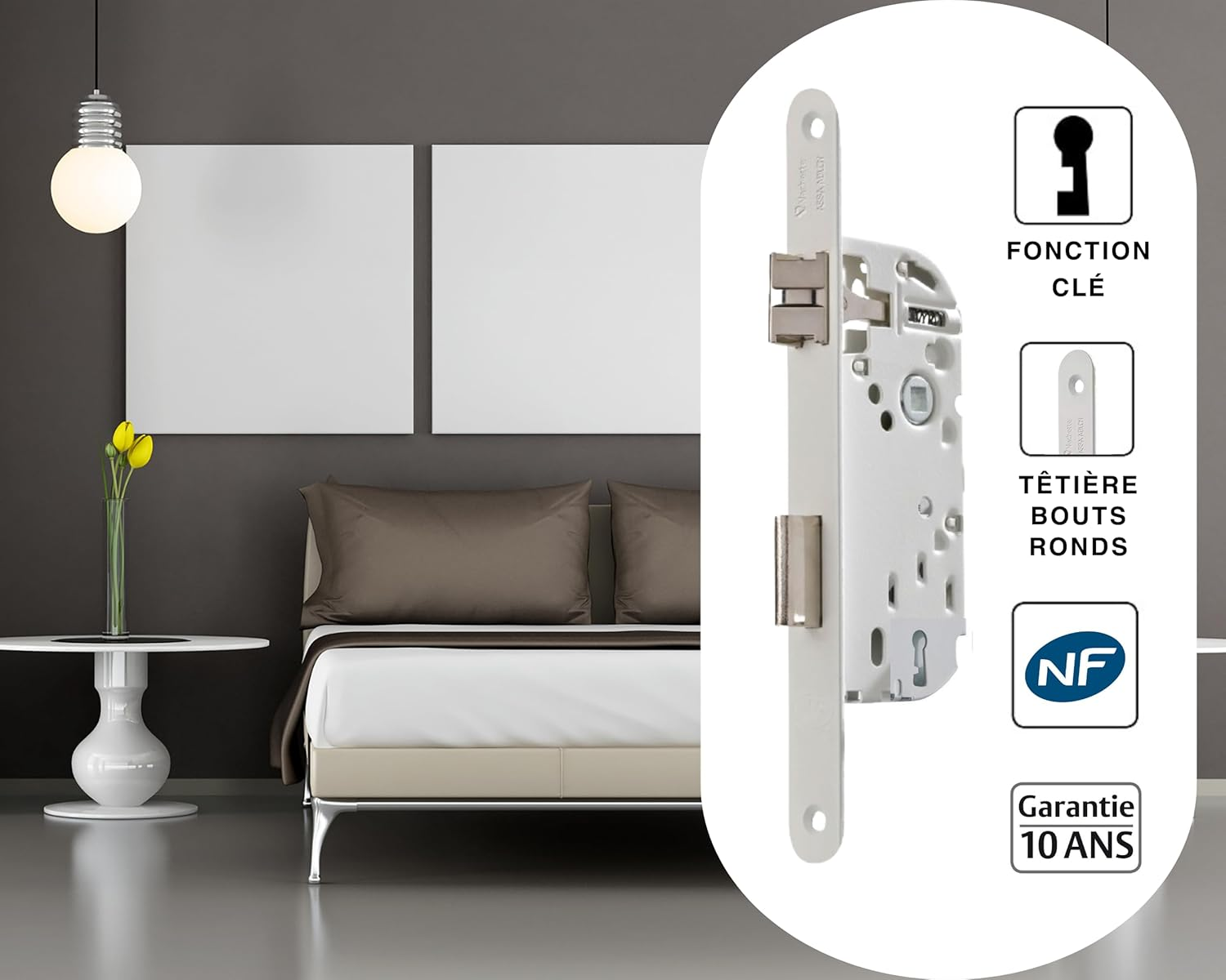 Vachette D25 &ndash; Key Lock, Reversible, White, NF Level 2 Certified | round Ends, 40 Mm Spindle for Bedroom Door image number 2