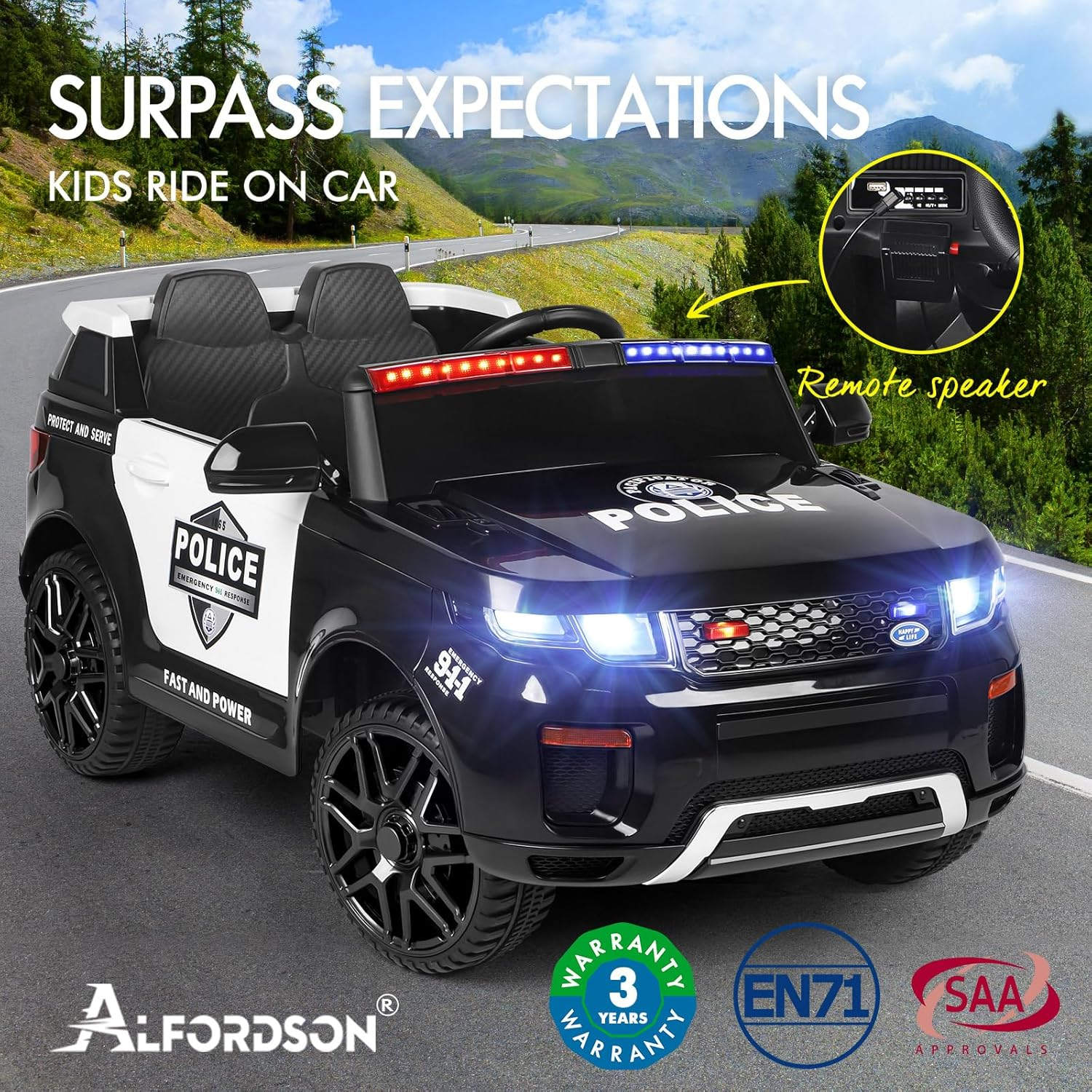 ALFORDSON Kids Ride on Car Remote Control, 12V Eletric Dual Motor Riding Car with Music Player LED Lights, Ride-On Toy Patrol Design Inspired from Police Vehicle for Toddler, Black image number 3