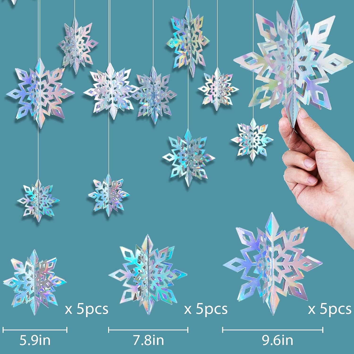 Oumuamua Christmas Snowflake Decorations, 15Pcs Xmas 3D Iridescent Snowflakes 3D Laser Paper Snow Flakes for Christmas Winter Wonderland Snow White Holiday Birthday Home Party Decor, Holographic - Silver image number 6